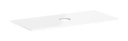 Weiße Wandkonsole von Hansgrohe mit mittigem Ausschnitt, geeignet für einen Aufsatzwaschtisch, ohne Hahnloch, flache Oberfläche.